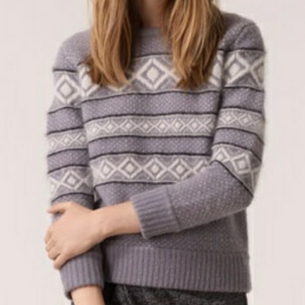 Rag & Bone Wool Crew Neck or Round Neck Gray Fair isle Fitted sweater